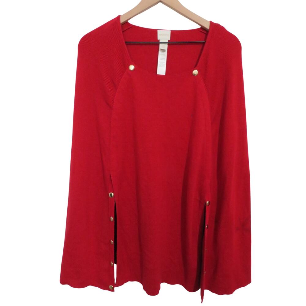 Chico's Sz L Red Poncho Cape gold Button Detail Statement Layering Elegant Cozy